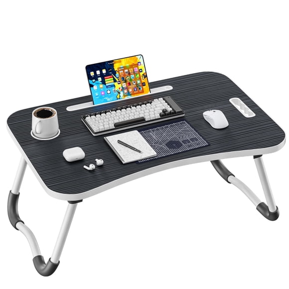Frpufi Folding Lap Desk, 23.6 Inch Wood Laptop Bed Desk with Cup Holder, Portable Bed Table for Working Writing Reading & Eating for Bed, Sofa, Couch