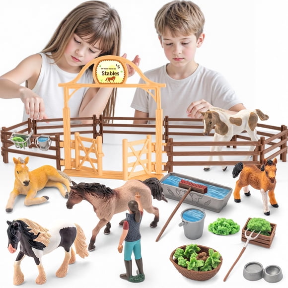 THINKBAY 35 PCS Horses Toys Set for Kids, Solid Realistic Horse Stable Playset Barn Toys for Girls, Ideal Birthday Farm Animals Gift for To