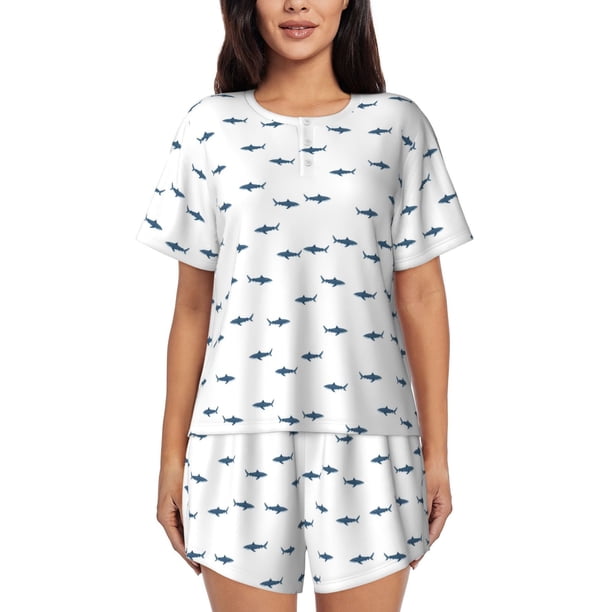Fotbe Cute Shark Conjunto de Pijama Estampado para Mujer, 2 Piezas, Ropa de Dormir con Camiseta de Manga Corta y Shorts Suaves-Small