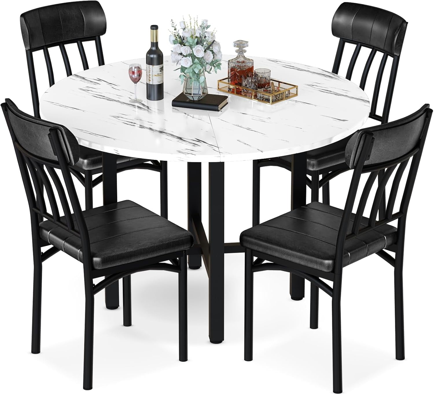MIERES Marble-Effect Kitchen Dining Table Set Round Dining Table and Chair Set Includes 4 Leather-Backed Chairs Ideal for Kitchens, Apartments, and Compact Dining Areas