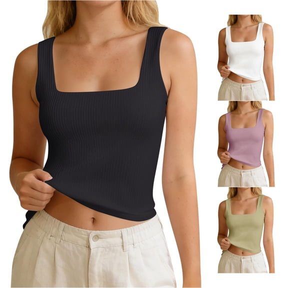HAYIMI Women Stretch Camisole Tank Tops Soft Ribbed Knit Sleeveless Shirt Casual And Layering Square Neck Summer Solid Color Relaxed Fit Vests