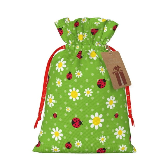 Xecao Daisies And Ladybugs Print Burlap Gift Bags with Drawstring and Gift Tags, Gift Bags, Burlap Bags, Jute Bags for Party, Christmas, DIY Craft Bags-Small