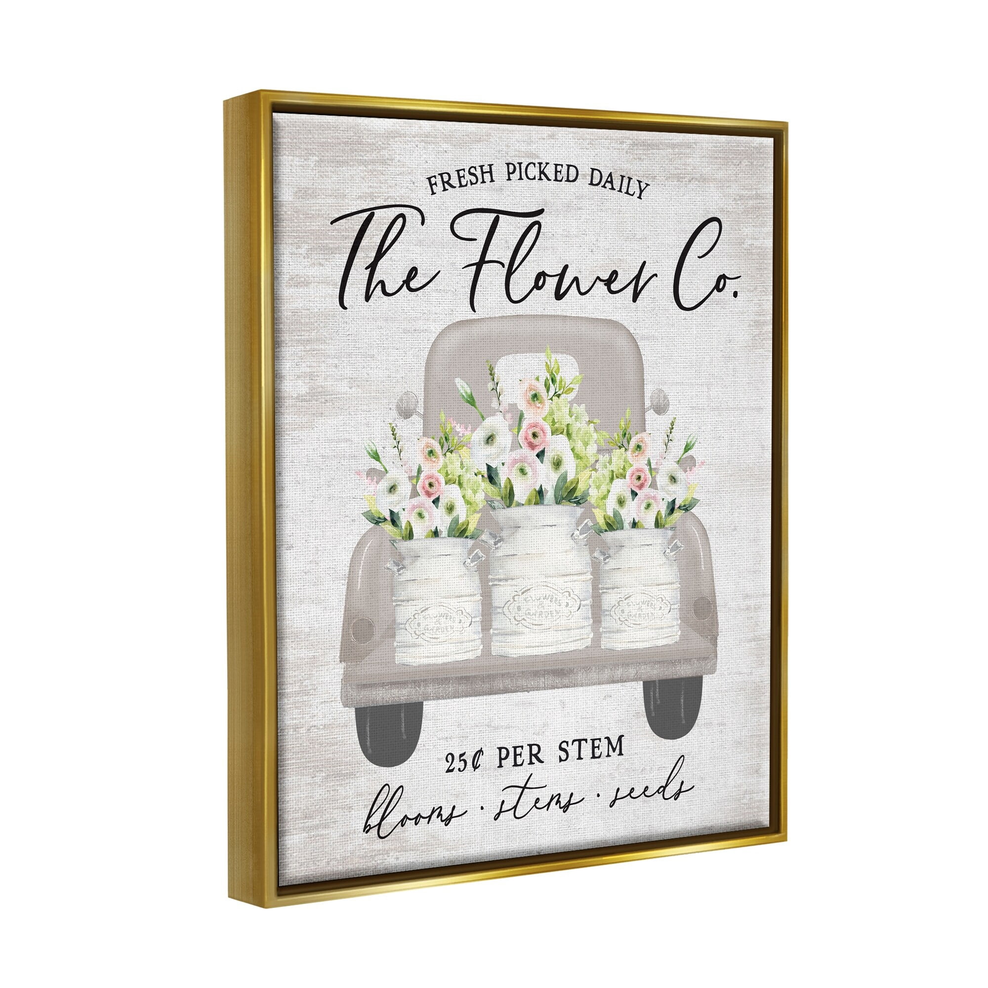 Stupell Industries Antique Flower Sign Vintage Truck Bouquet Blossoms Graphic Art Metallic Gold Floating Framed Canvas Print Wall Art, Design by Lettered and Lined