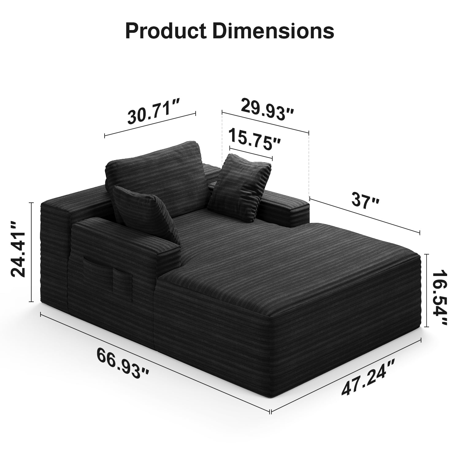 Lofka 47'' Oversized Chaise Lounge Chair Indoor, No Assembly Required, Sleeper Couch Fluffy Plush Corduroy Cloud Sofas Couches for Living Room, Black