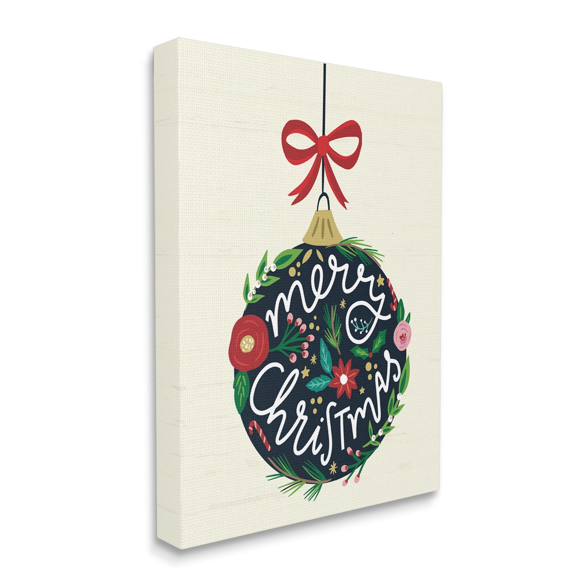 Stupell Industries Merry Christmas Hanging Botanical Ornament Red Bow Graphic Art Gallery Wrapped Canvas Print Wall Art, Design by Louise Allen