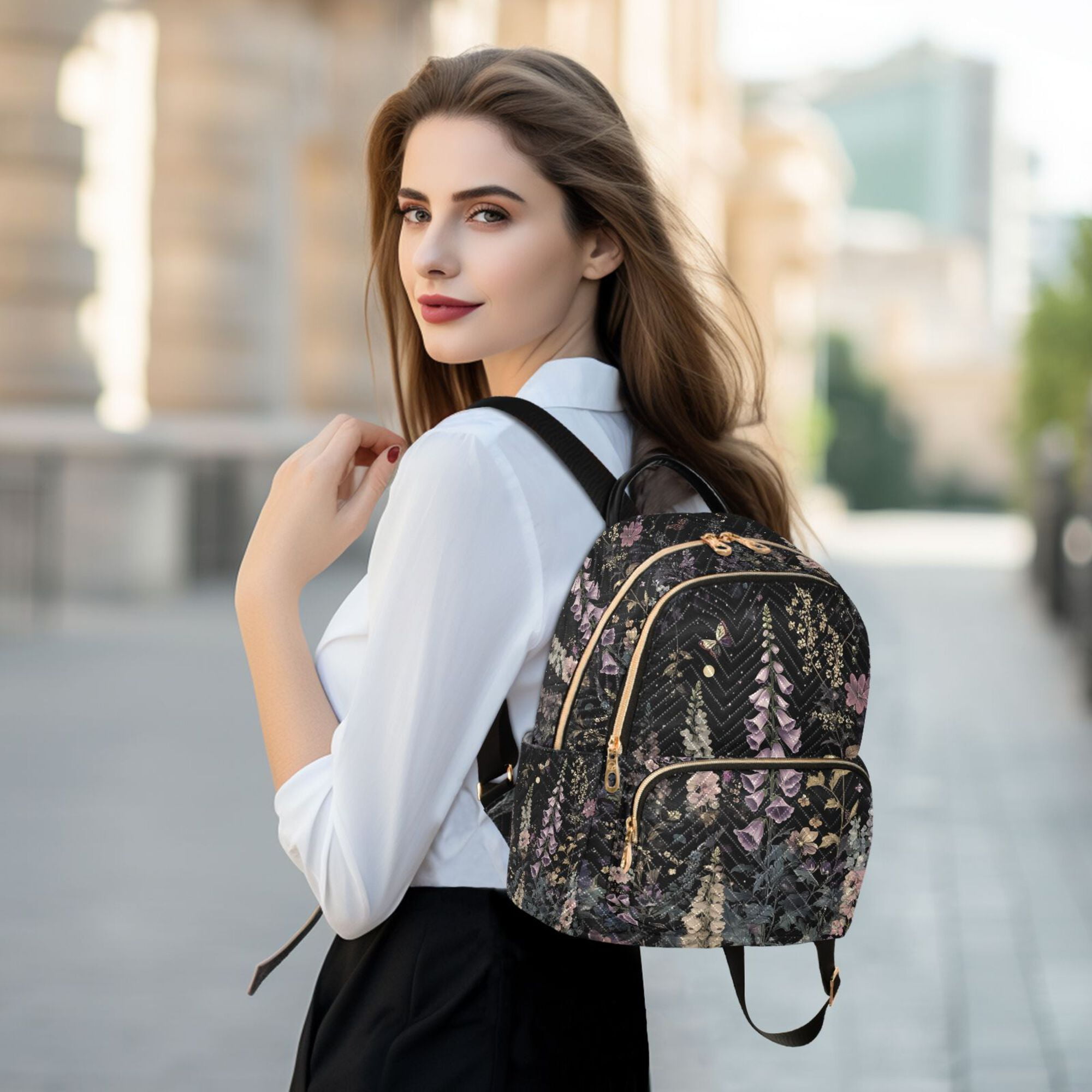 FORMRS Mini Backpack Purse for Women Travel Daypack Casual Shoulder Bag, Dark Flowers Pattern