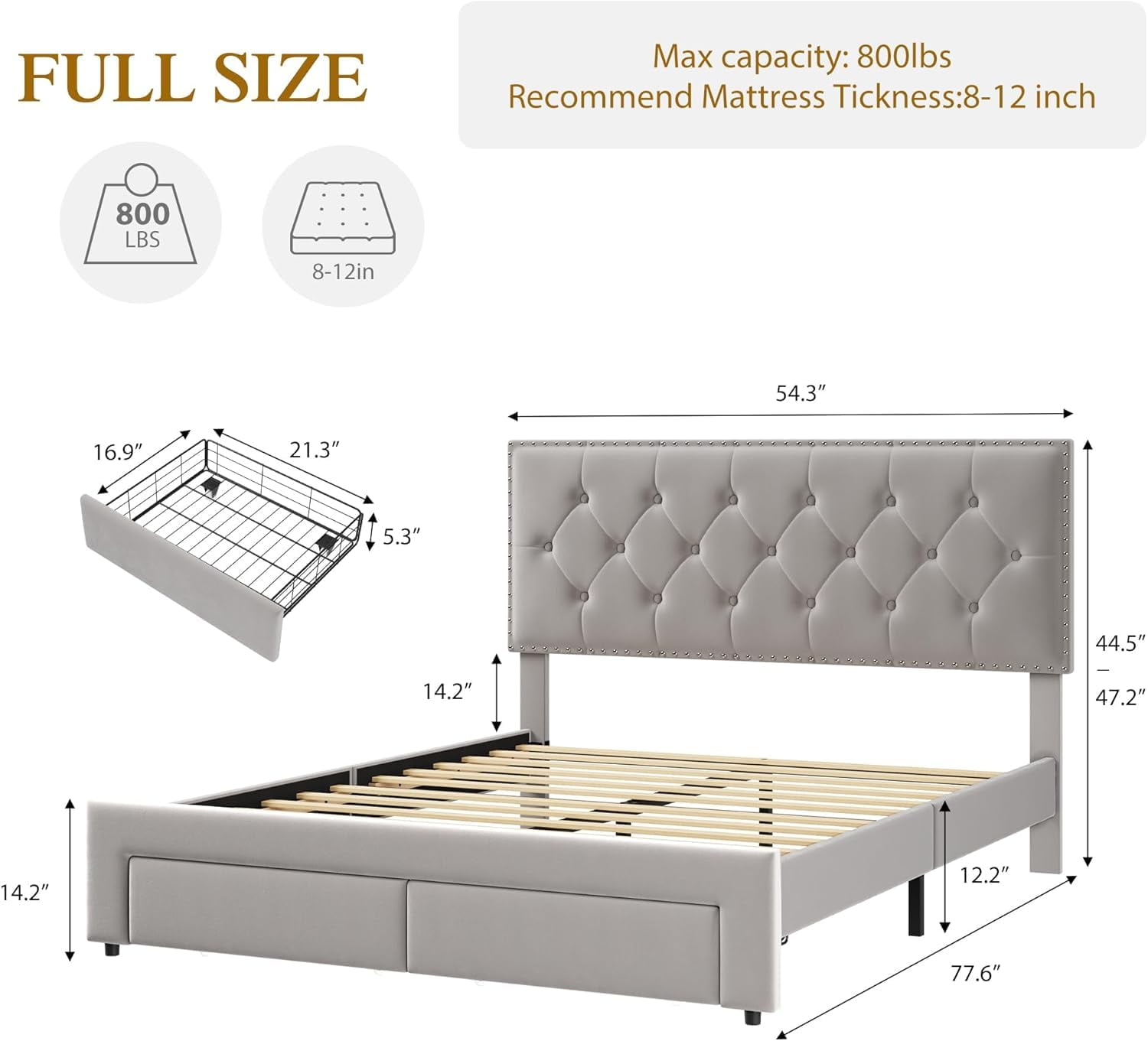 Kicctian Full Bed Frame with 2 Storage Drawers, Vintage Velvet Upholstered Platform Bed with Headboard,White