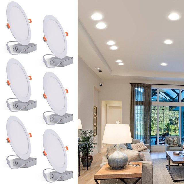 JARLSTAR 8 Inch LED Recessed Light with Junction Box, 6 Pack Ultra Thin LED Recessed Lighting.6000K Daylight, No Dimmable,18W 8" Recessed Ceiling Canless Wafer Downlight.Slim Can-Killer Lights,CRI80+