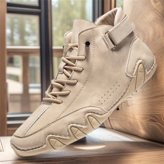 Domuza Men's Casual Handmade High Top high boots Leather Outdoor Walking Sneakers summer Slip-on Lightweight Non-Slip Waterproof Driving Chukka Boots Beige 11 (EU-47)