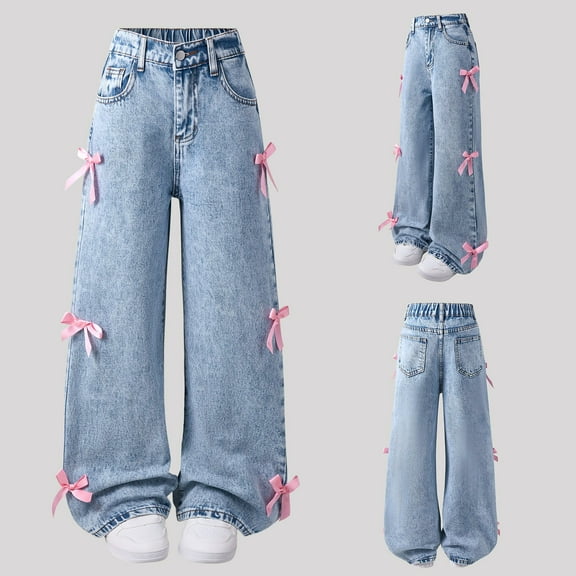 Girls Jeans Wide Leg Baggy High Waist Cute Bow Denim Pants with Pockets Elastic Waisted Casual Kids Streetwear Trousers Blue Sizes 6-7 Y