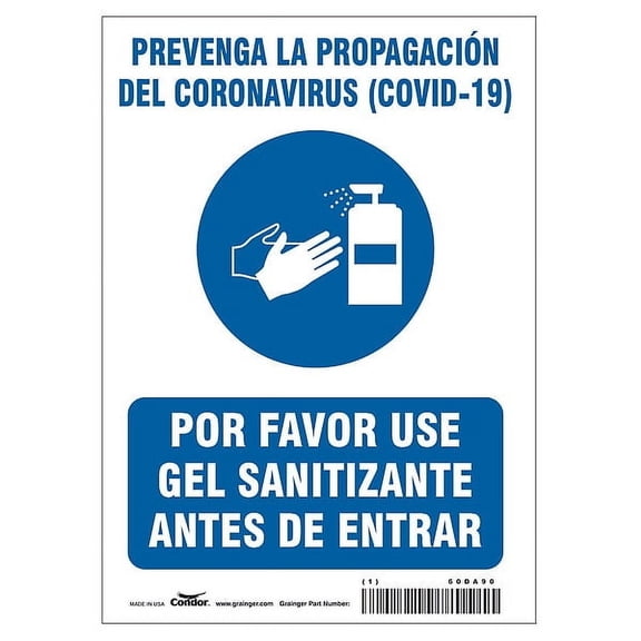 Condor Spanish Use Hand Sanitizer Sign,10" H HWB720T1007
