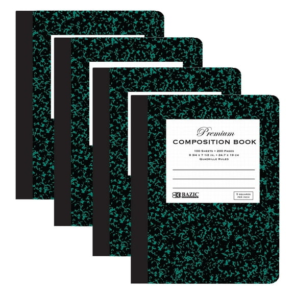 BAZIC Composition Book Marble 1/5 Quad-Ruled 100 Sheet Notebook, Graph Ruled, 4-Pack