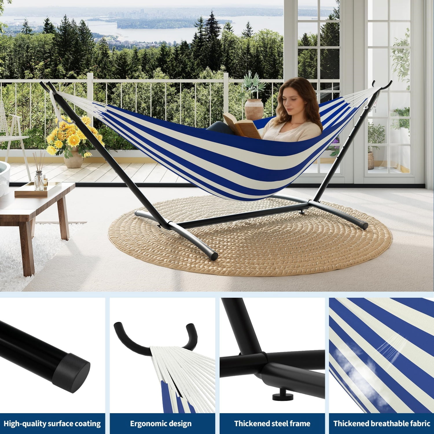 JoanKaren Double Hammock with Portable Space Saving Heavy-Duty Steel Stand,2 Person Outdoor 450lb Capacity Standing Hammocks,Indoor/Outdoor,Blue and White Stripes