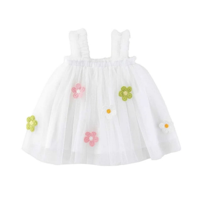Robes Décontractées pour Filles Tout-Petits Été Maille Florale Broderie Bretelles Sans Manches Danse Fête Princesse Robe d'Été, Blanc, 2-3 Ans