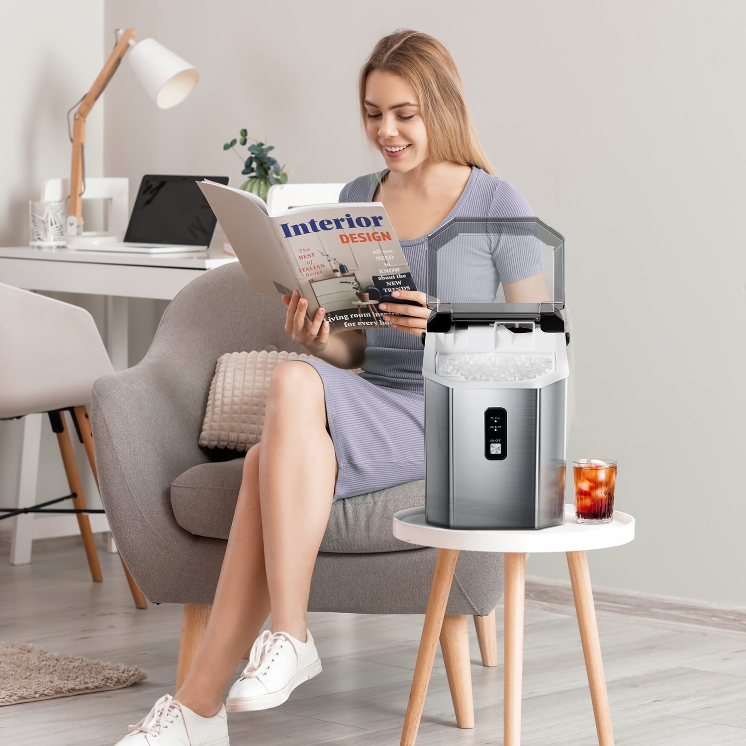 Moifoi Countertop Ice Maker, Nugget Chewable Soft Ice, 34 lbs/24 H, Self-Cleaning, Portable/Compact, Basket & Scoop, Silver