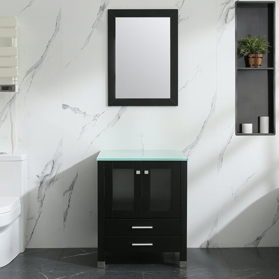 Wonline 24" Black Modern Bathroom Vanity Cabinet Glass Countertop with Free Mirror