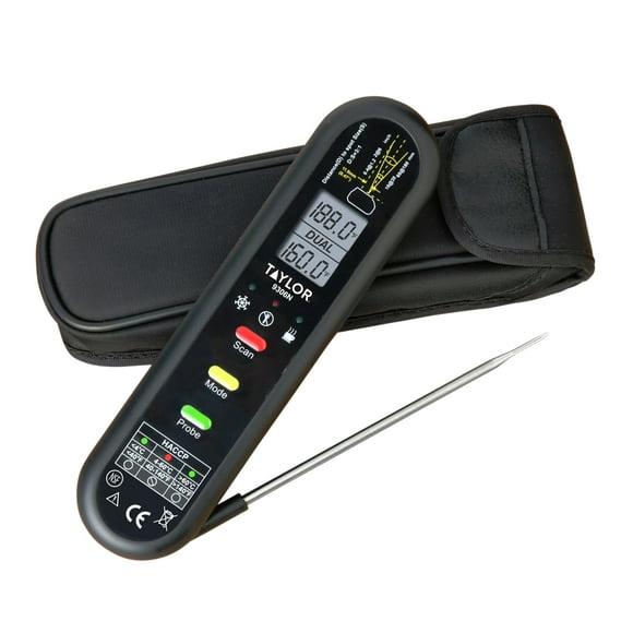 Taylor Dual Temp Infrared Thermocouple Thermometer, Multi-Functional Infrared Mode, Dual Line LCD, HOLD, Min/Max; Step Down Probe, Water Resistant, Black