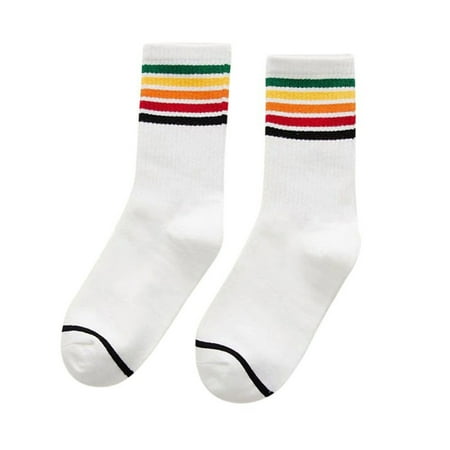 

LEAQU 1Pair Unisex Cotton Rainbow Striped Print Elastic Sport Middle Tube Crew Socks