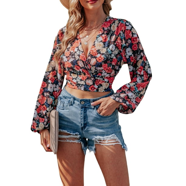 Txlixc Blusa de manga larga para mujeres, flor / patrón geométrico / vendaje impreso leopardo Txlixc moda