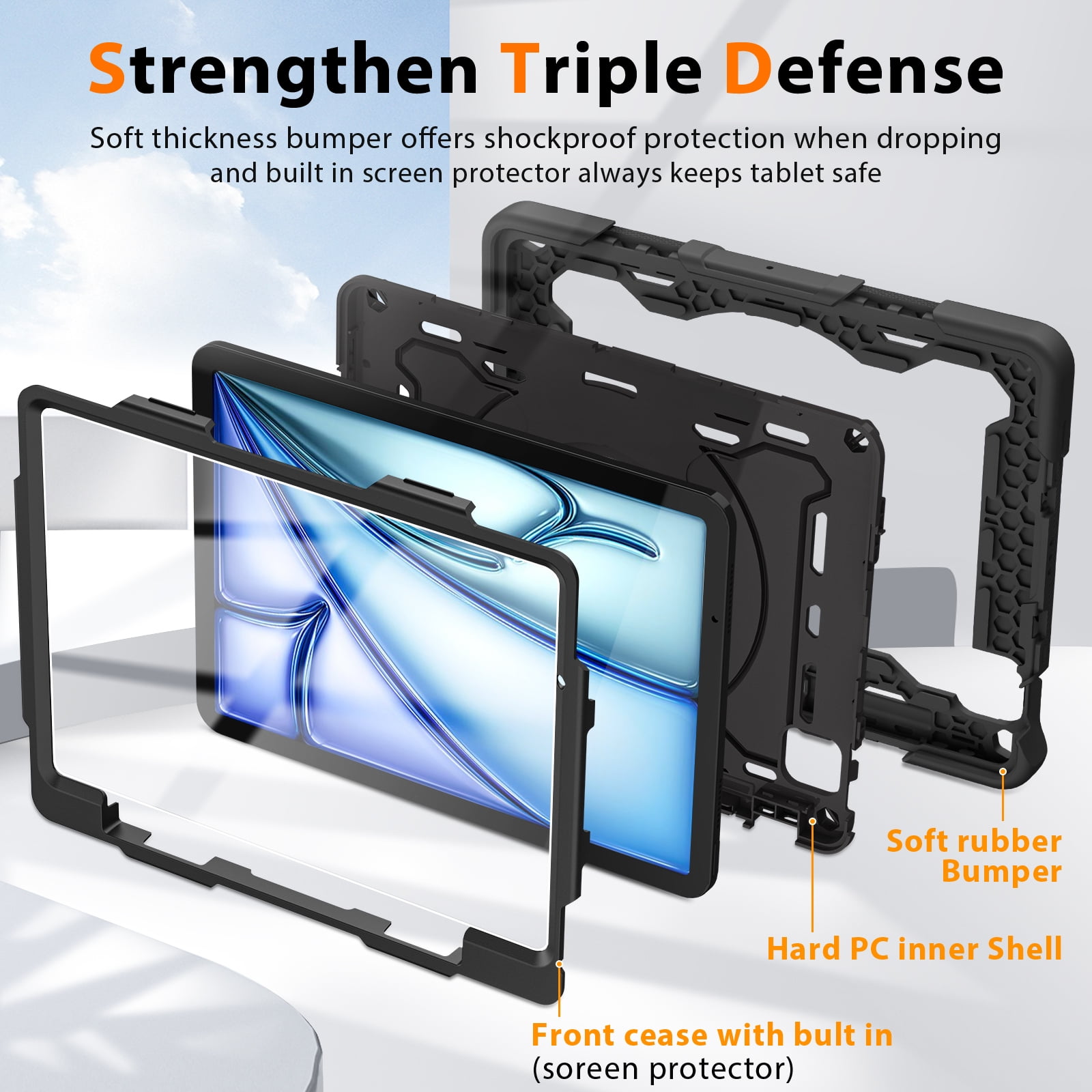 ROISKIN for iPad Air 11 inch Case (M3 2025/M2 2024)/ Air 6th Generation for Kids with HD Screen Protector, 360 Rotating Kickstand, Shoulder Strap, Pen Holder, Heavy Duty Military Case for iPad Air 11
