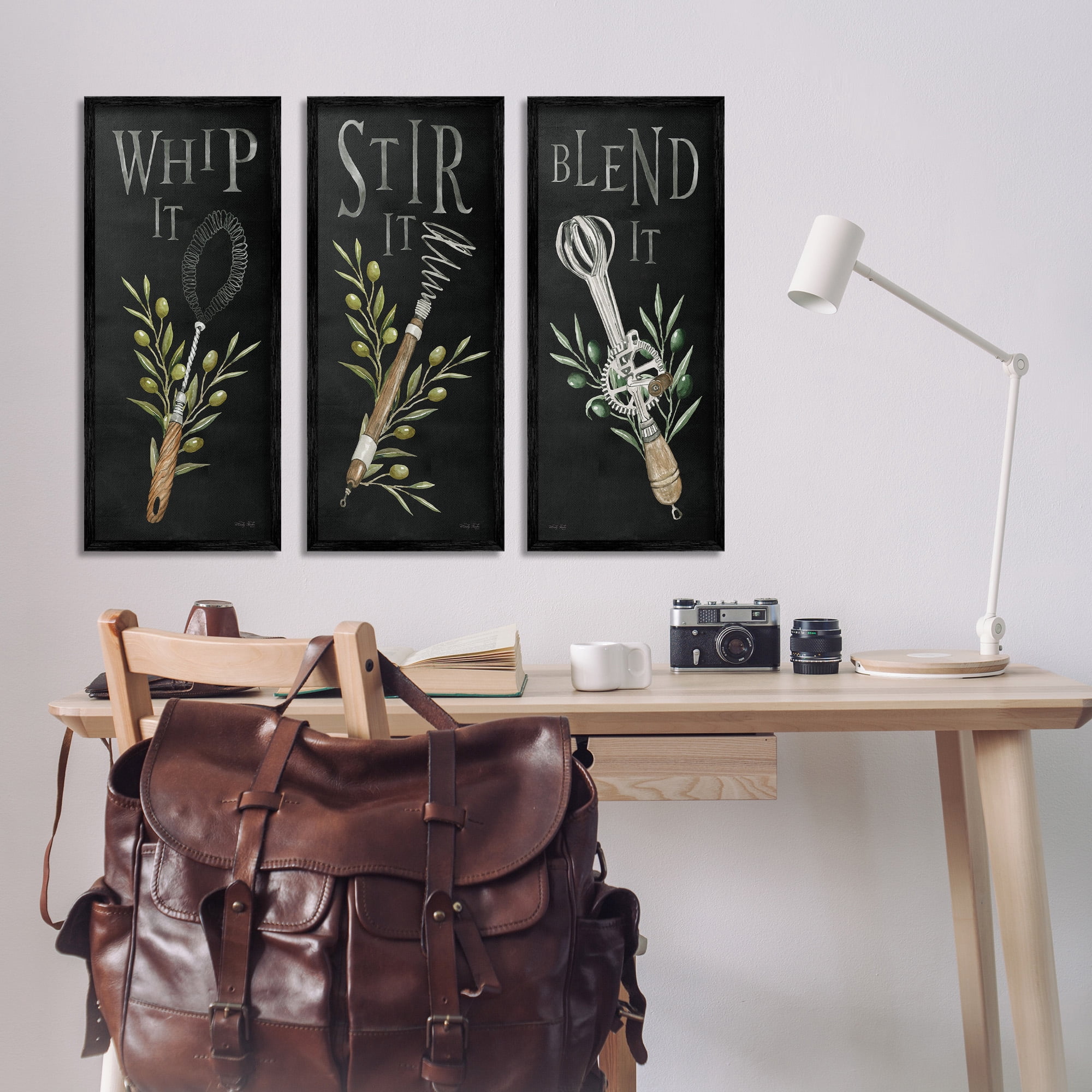 Stupell Industries Kitchen Utensils & Phrases Botanical & Floral Painting Black Framed Art Print Wall Art, 10 x 24, Set of 3