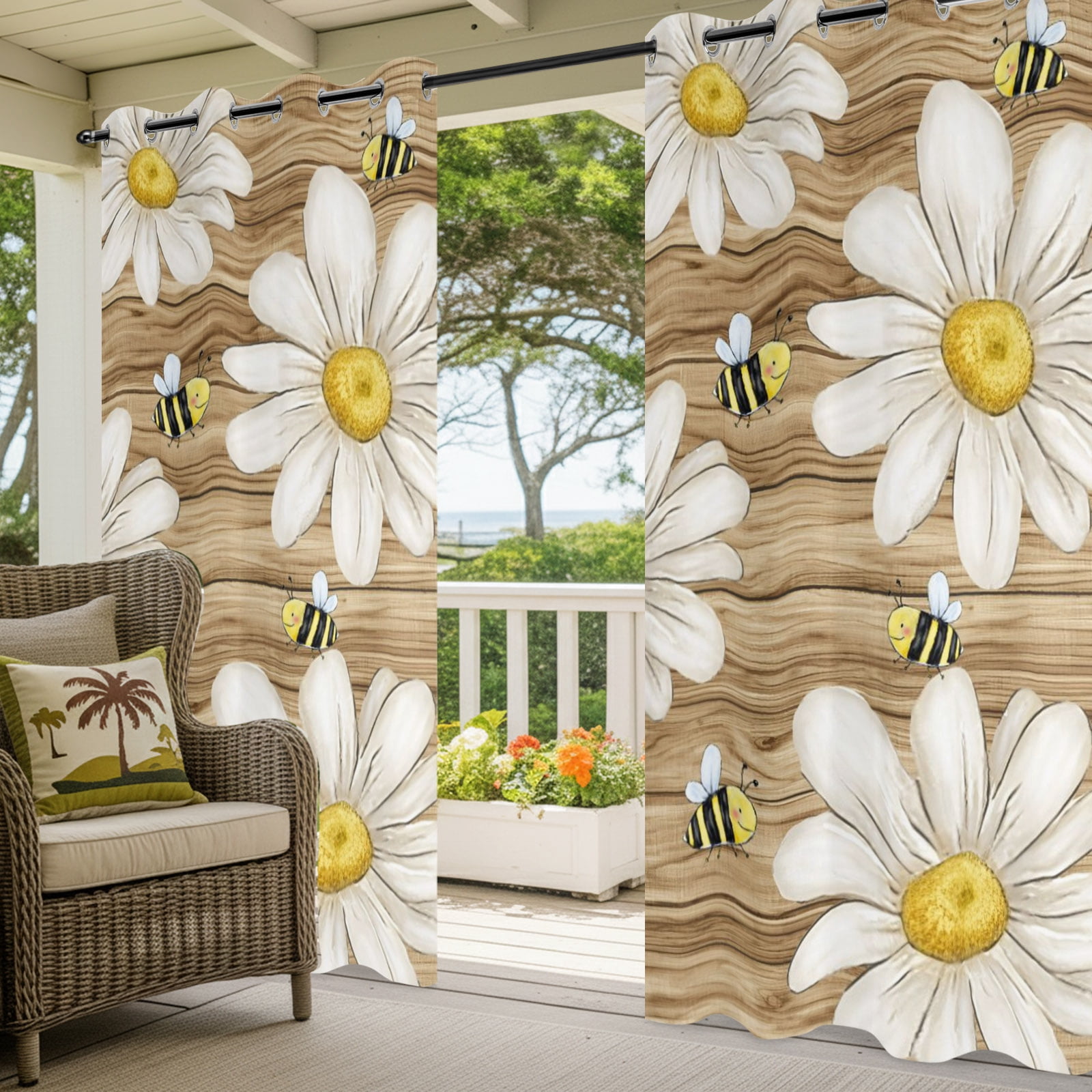 White Daisy Honeybees Outdoor Curtains for Patio, Farmhouse Floral Rustic Wood Stripes Sunshade Privacy Drapes Grommet Waterproof Outside Curtains for Porch/Cabana/Balcony 54"x 108", 1 Panel