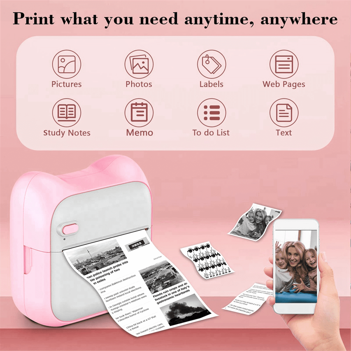 Mini Printer Sticker Maker, Portable Thermal Printer, Inkless with 10 Roll Paper and 5 Color Pens
