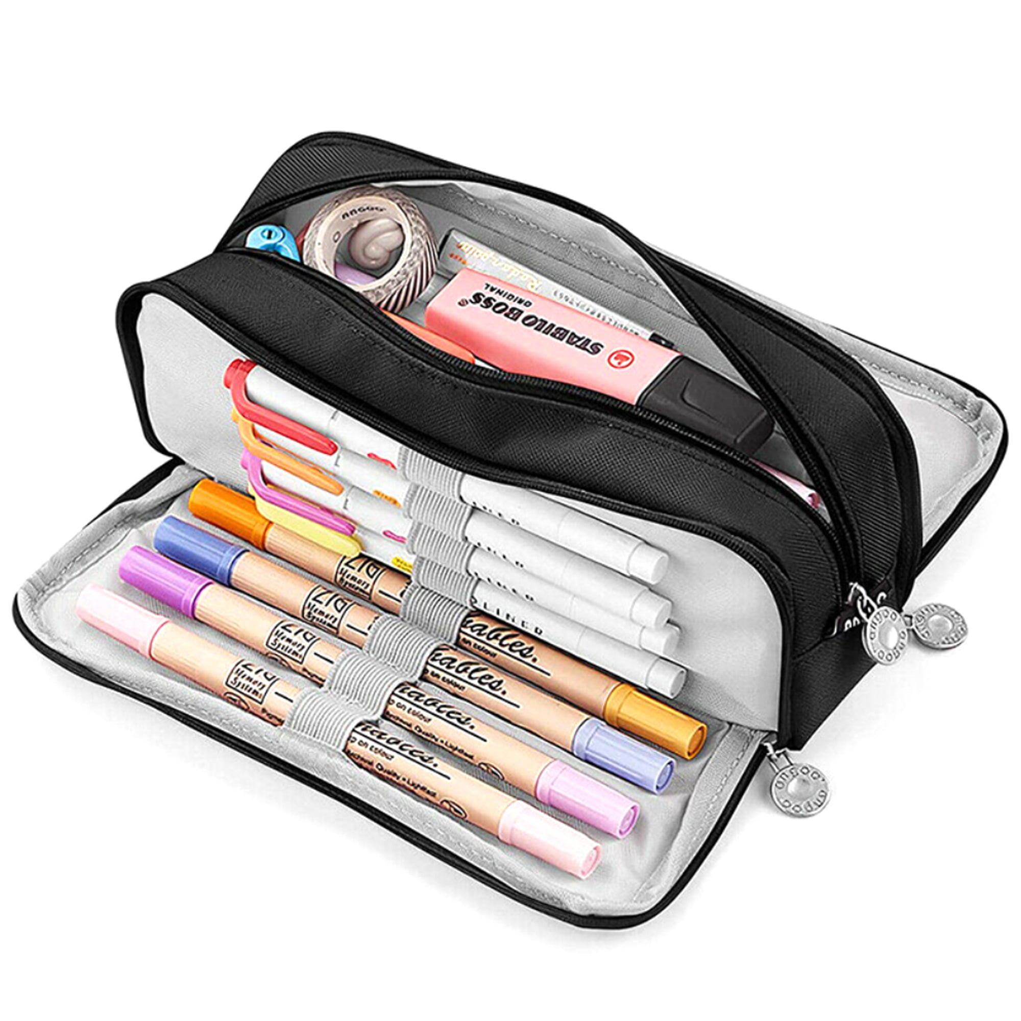 ANGOO 2 Pcs Large Pencil Case Big Capacity 3 Compartments Canvas Pencil  Pouch, White Pink & Grey