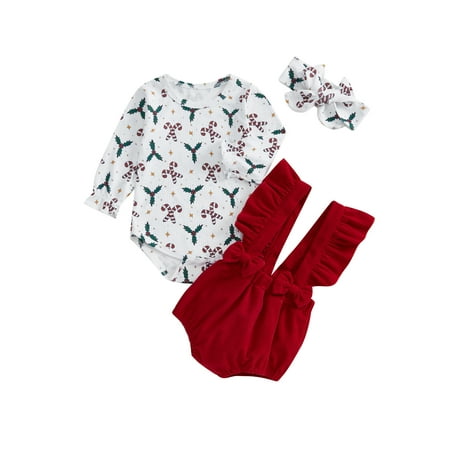 

Taoocy Baby Girl Christmas Outfits Candy Cane Print Long Sleeve Romper with Ruffled Overalls+Headband Set
