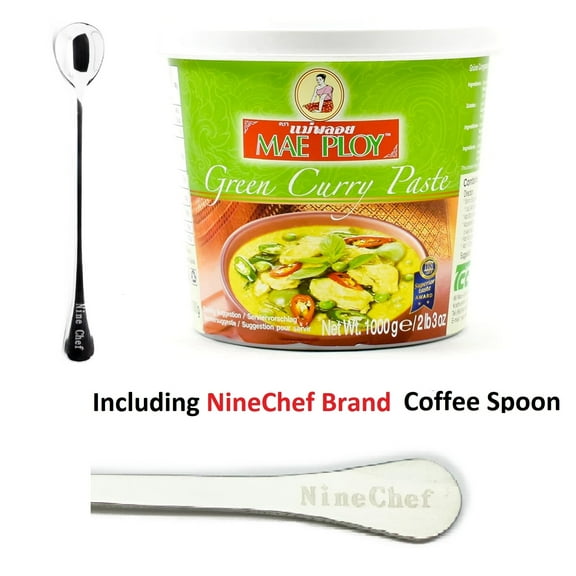NineChef Bundle - Mae Ploy Green Curry Paste (35oz Tub), Authentic Thai Curry Paste For Thai Curries And Other Dishes, Aromatic Blend Of Herbs, Spices Paste Plus NineChef Brand Coffee Spoon