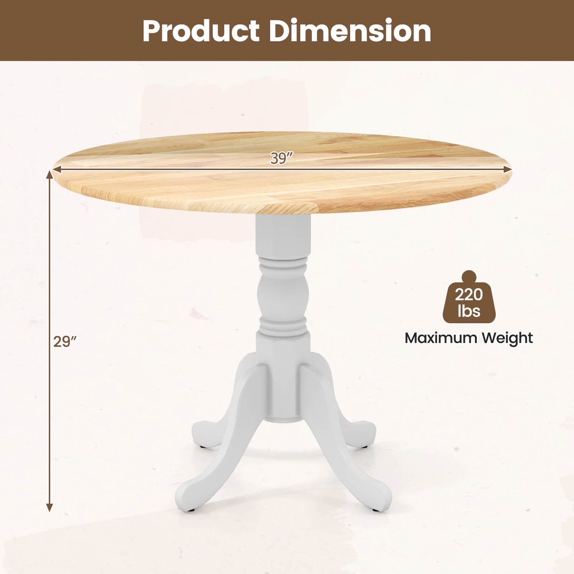 Costway 4-Person Dining Table Wooden Kitchen Table with Solid Rubber Wood Frame for Kitchen White&Natural