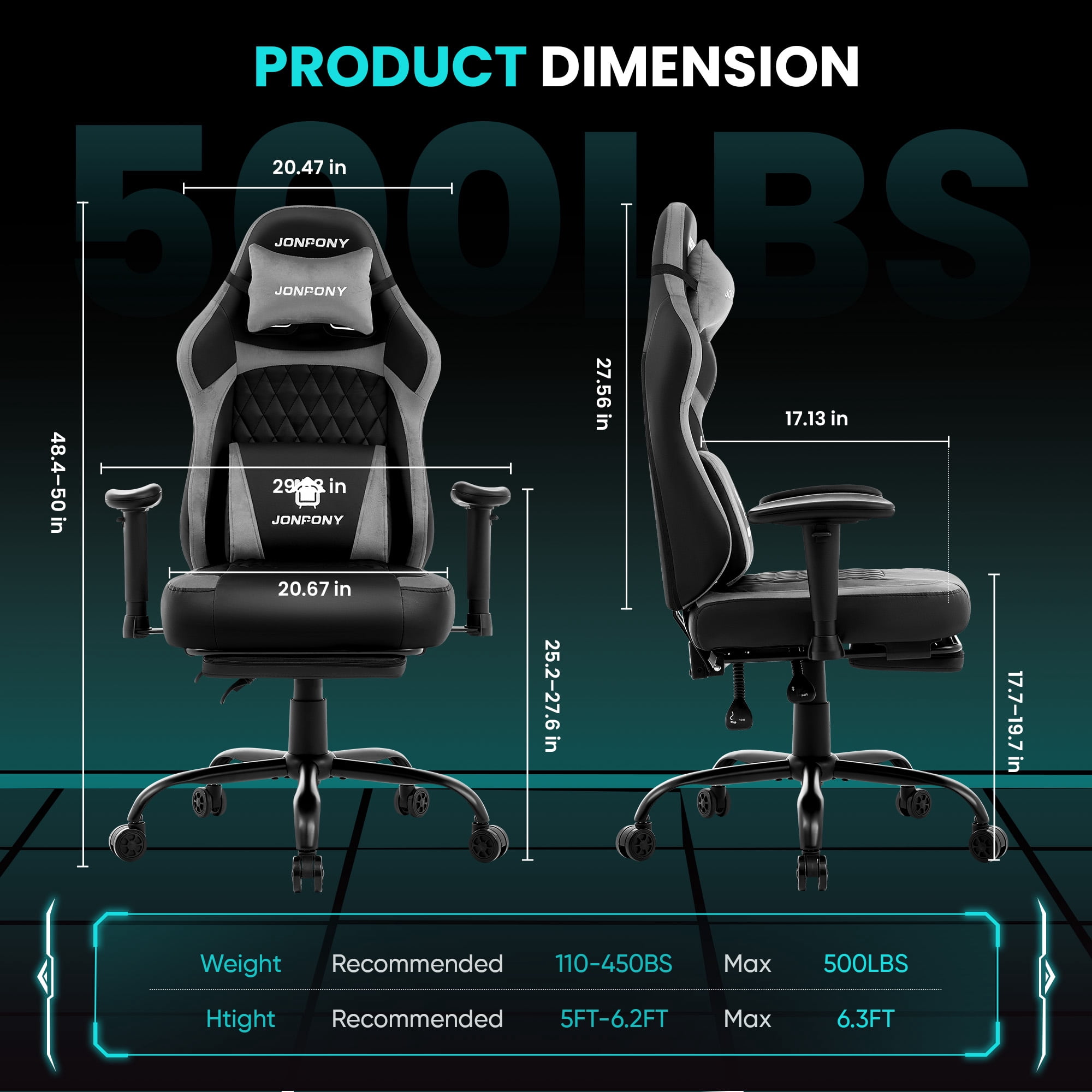 JONPONY Big and Tall 500LBS Ergonomic Gaming Chair, Gamer Chair PU Leather with Footrest and Lumbar Support, High Back Office Chair Support 8 Hours Long Sitting, Computer Chair,2D Armrests，Grey