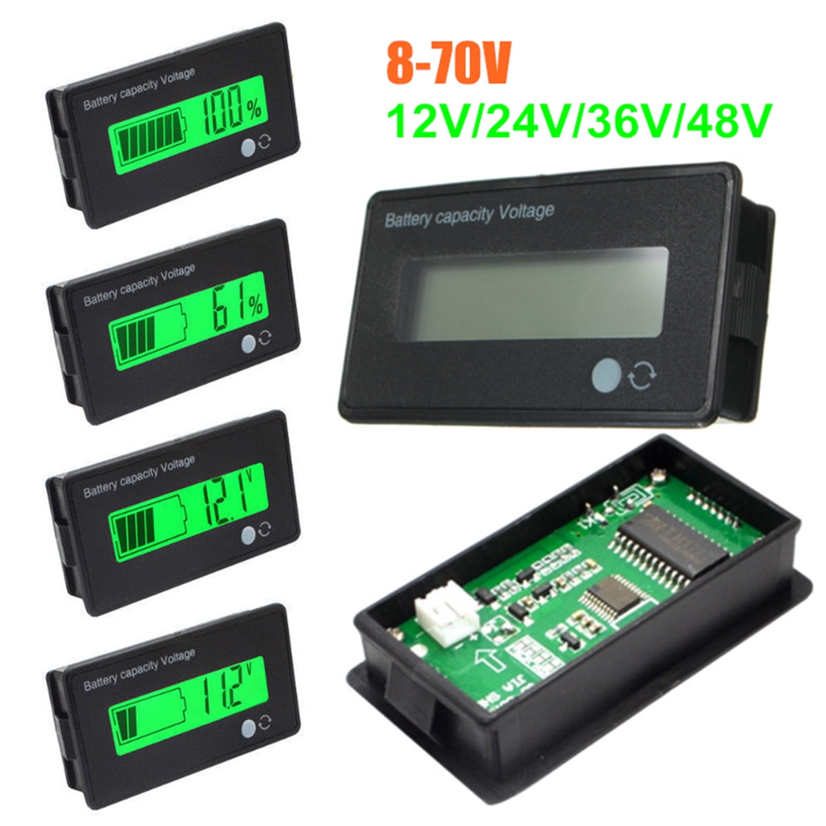 12V 24V 48V 8-70V LCD Lead Acid Lithium Battery Capacity Indicator Voltmeter 