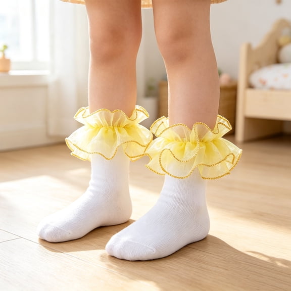 CHCNHAC Girls Ballet Dance Socks, 2 Pairs Yellow Lace Trim Shiny Ruffle Ankle Socks for Kids, Soft Cotton Blend Princess Performance Party Wear