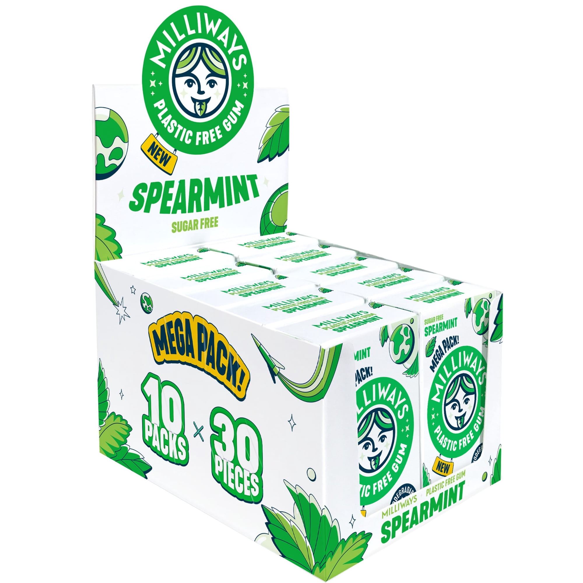 Milliways Spearmint Chewing Gum Plastic Free Sugar Free Aspartame Free Natural | 10 Packs of 30 Pieces (300 Pieces Total) | MEGA PACK | Xylitol Plant-Based Biodegradable