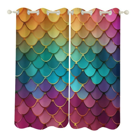 Colorful Gradient Fish Scale Texture Mermaid Curtains Aesthetic Envrionmental Friendly Picture, Living Room Bedroom Window Drapes 2 Panel Set