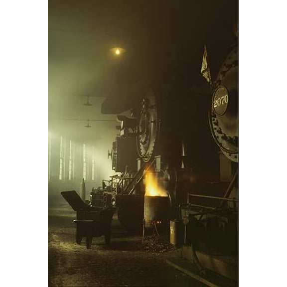 Photo of Fronts of Steam Engine Locomotives on Factory Floor- Fine Art Canvas Print (20" x 30")
