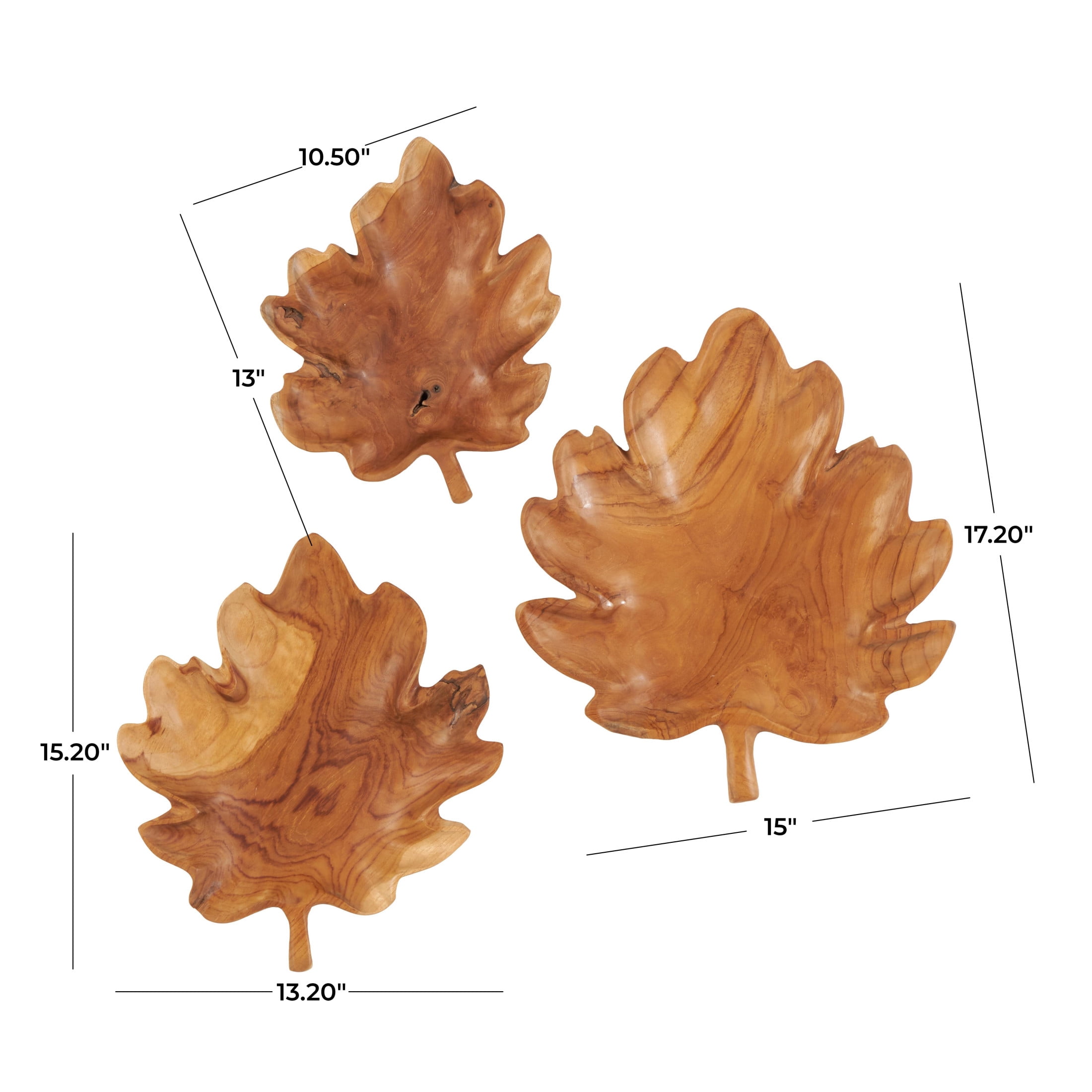 DecMode 17", 15", 13"H Brown Teak Wood Handmade Carved Leaf Tray, 3-Pieces