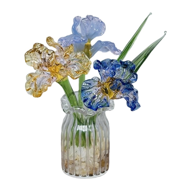 Ramo de flores de cristal con jarrón, regalo de ramo, decoración del hogar, figuras coleccionables de flores de iris para cumpleaños de esposa y mamá. Estilo A