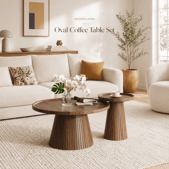 Wetalus Mid Century Modern Nesting and Storage Round Walnut Coffee Table with Set of 2, Walnut