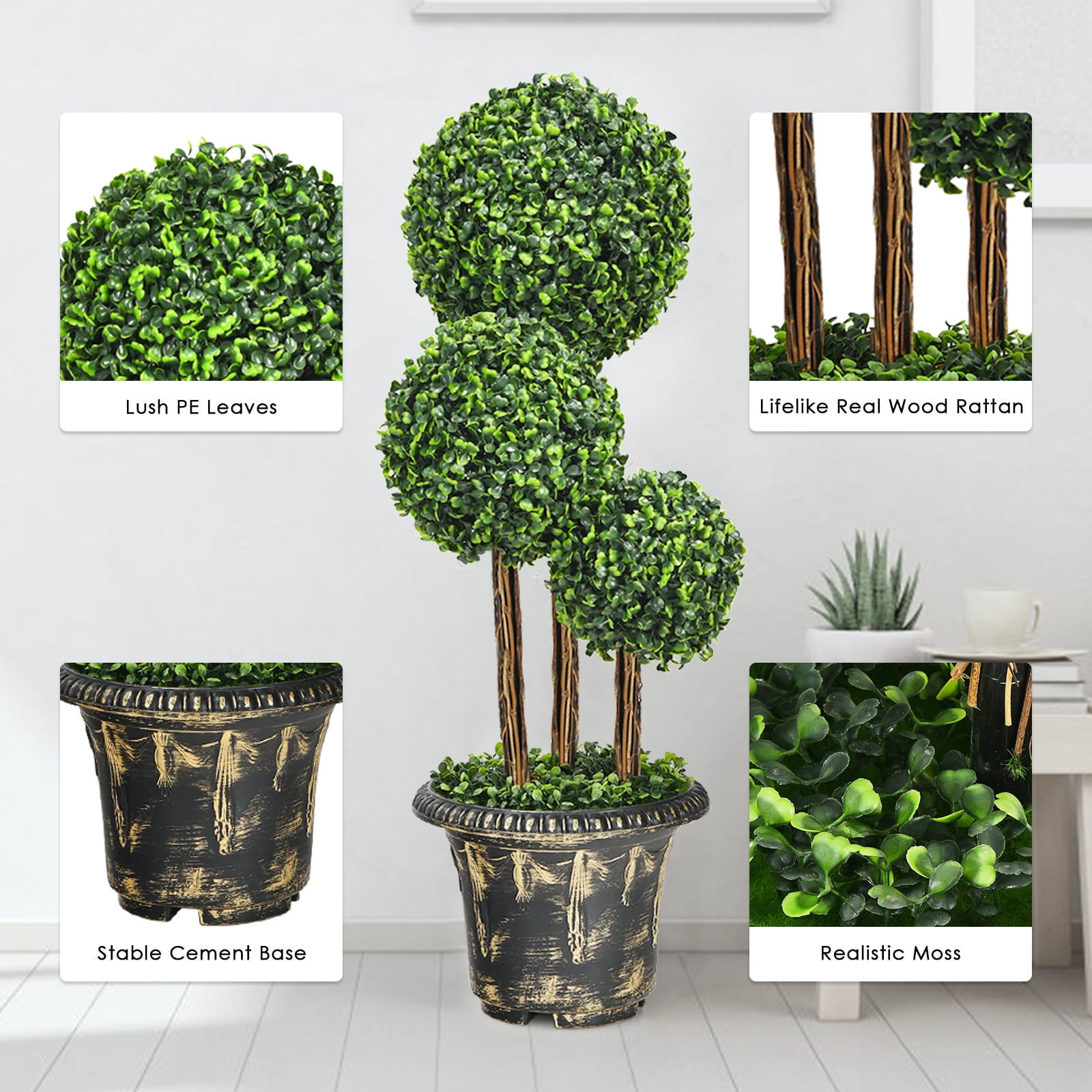 Topbuy 36” Artificial Topiary Three Ball Tree Decorative Trees Fake Greenery Plants Indoor&Outdoor