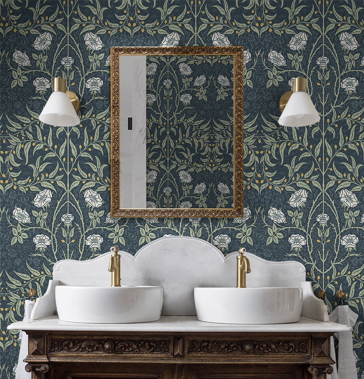 NextWall  Stenciled Floral Peel and Stick Wallpaper Navy & Sage