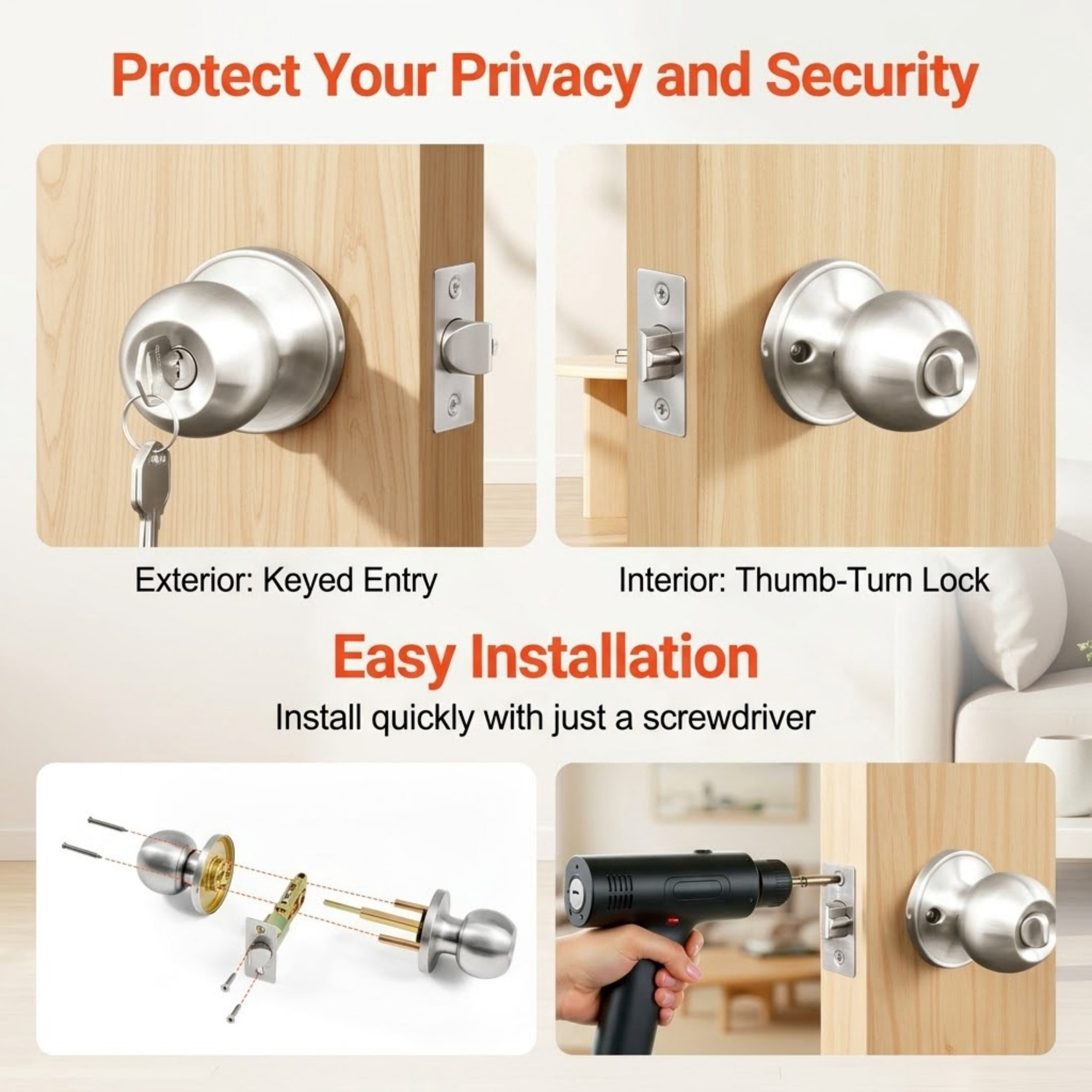 Satin Nickel Keyed Entry Door Knob, Modern Round Ball Lockset with Thumb Turn Interior and Keys, All-Metal Hardware for Bedroom and Bathroom