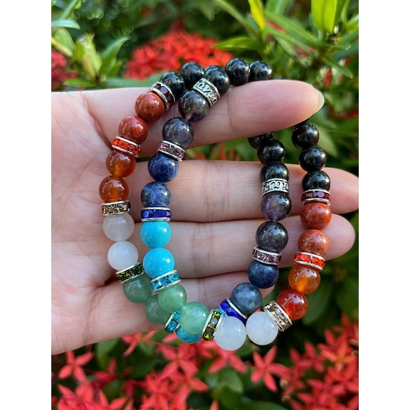 7 Chakra with Shungite Crystal Bead Bracelet 8mm, Wholesale Genuine 7 Chakra with Shungite Stretch Gemstone Bracelet, Gift for Men & Women (1)