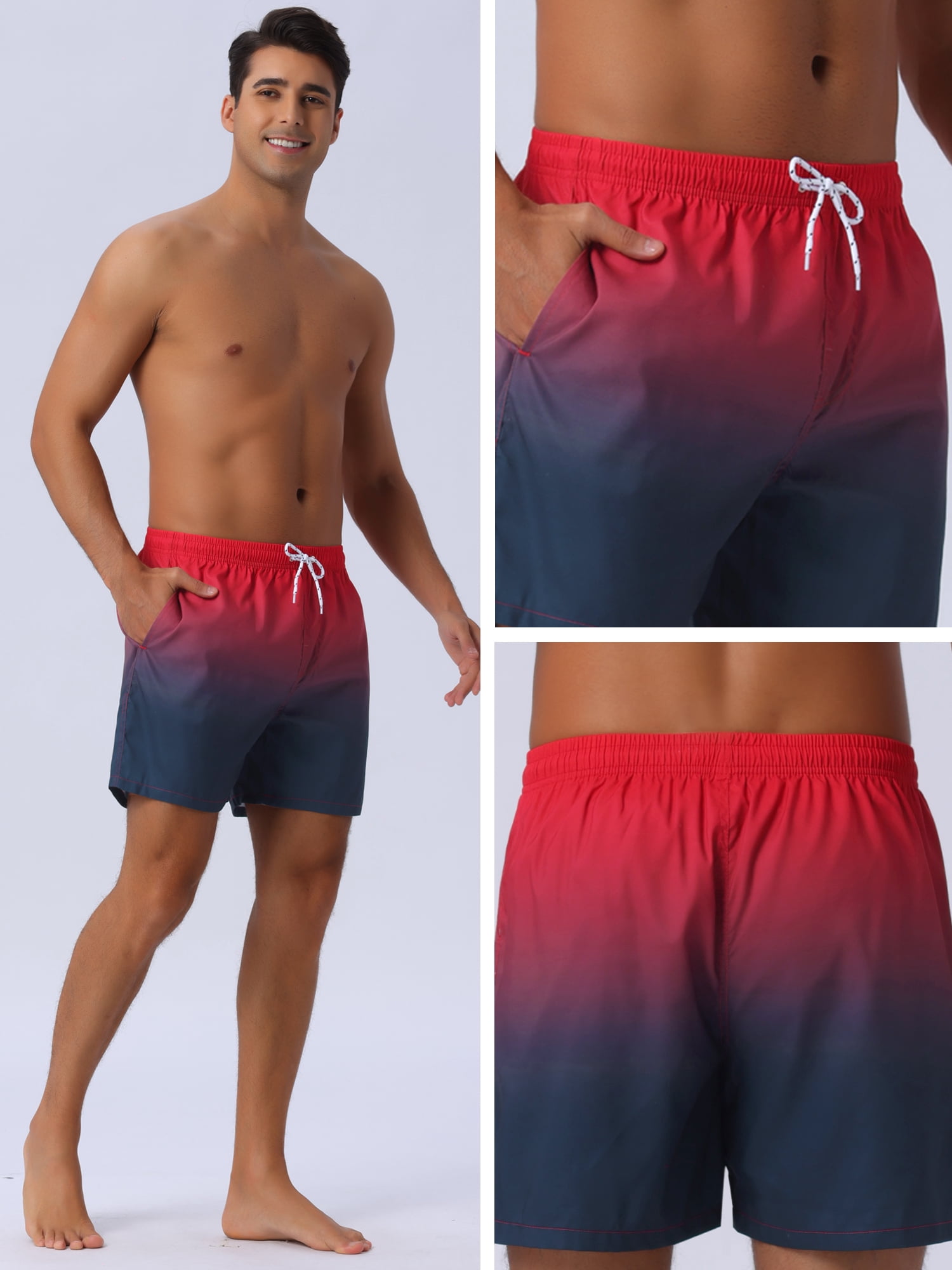DARING DIVA Men's Contrast Color Gradient Summer Drawstring Beach Shorts 30 Red Black