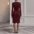 thumbnail image 4 of CharmCyan Women's Solid Color Bodycon Skirt Long-sleeved V-neck Pleated Design Sense Dress Wine L, 4 of 4