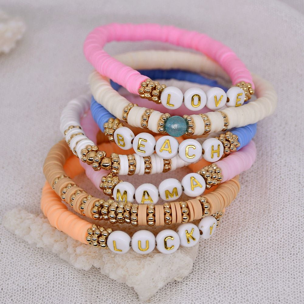 Charm Elastic Summer Colorful Beads Women Clay Bracelet Letters Beach  Bangles Soft Pottery Bracelet Boho Jewelry WHITE 