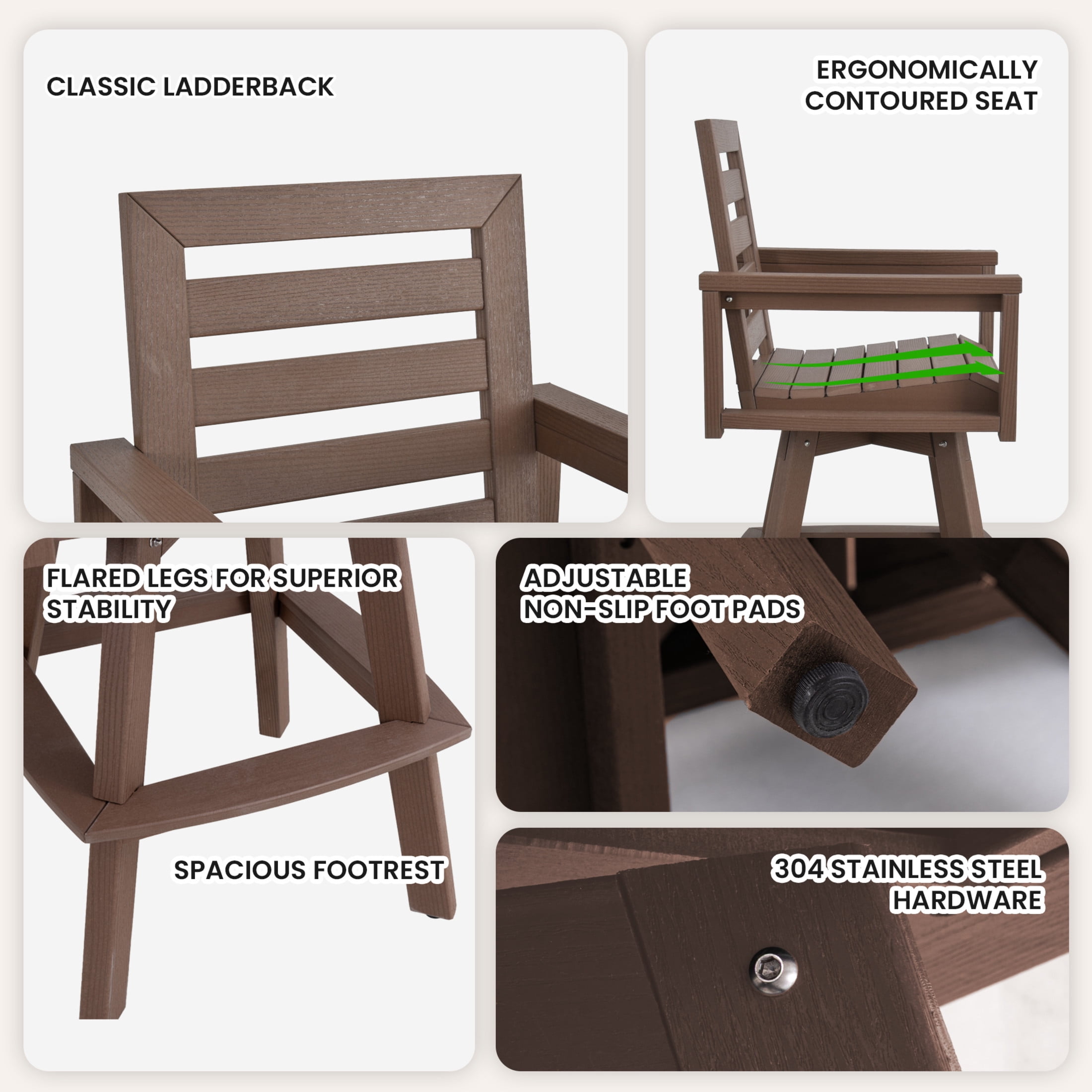 Noble House Outdoor Swivel Bar Stool, HDPE Wood Grain Ladderback Patio Chair with Footrest for Deck, Poolside, Yellow Brown
