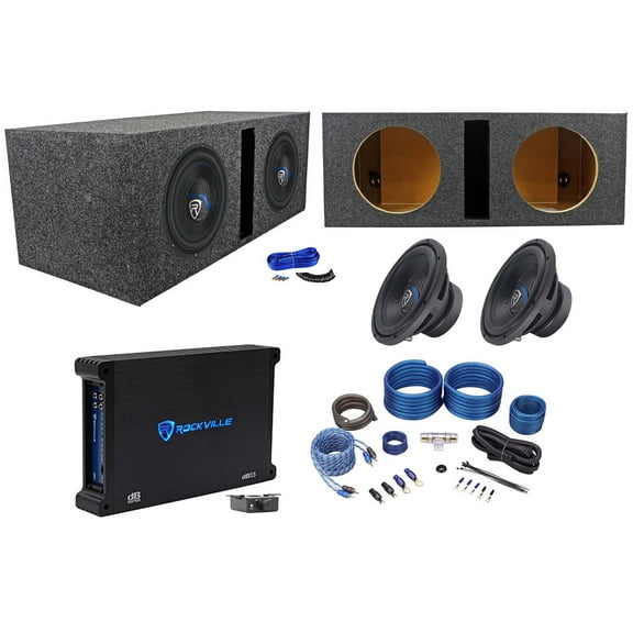 2) Rockville K5 W10K5S4 10" 1200w Subwoofers Vented Sub Box Mono Amplifier Wires