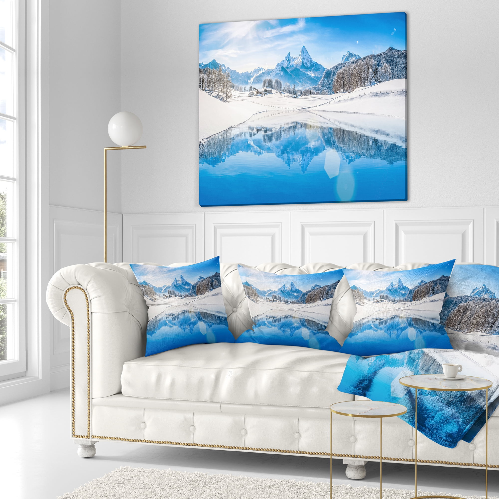Designart Winter Mountain Lake in Alps - Landscape Photography Throw Pillow - 16x16